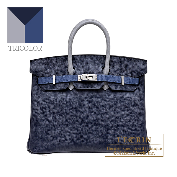 Hermes Birkin Tricolore bag 25 Blue abysse/Blue tie/Gris pantin Epsom leather Silver hardware