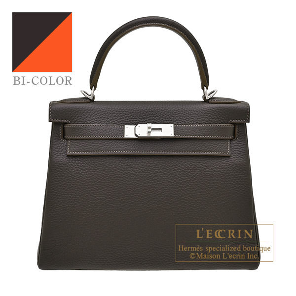 Hermes Personal Kelly bag 28 Retourne Macassar/ Orange poppy Clemence leather Matt silver hardware