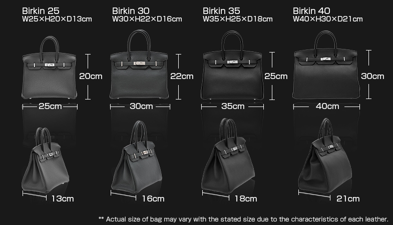 Birkin25:W25×H20×D13cm　Birkin30:W30×H22×D16㎝　Birkin35:W35×H25×D18cm　Birkin40:W40×H30×D21cm　** Actual size of bag may vary with the stated size due to the characteristics of each leather.
