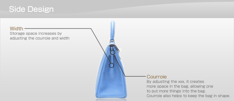 Side Design Courroie:By adjusting the xxx, it creates more space in the bag, allowing one to put more things into the bag. Courroie also helps to keep the bag in shape.