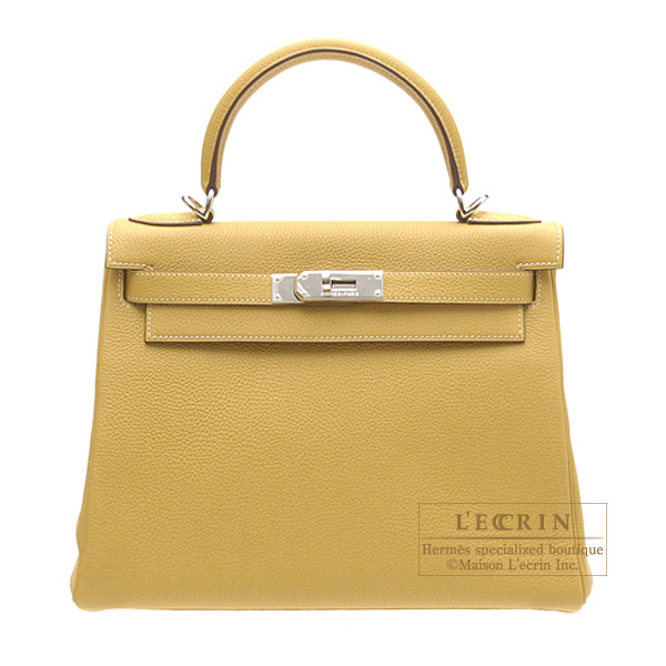 Hermes　Kelly bag 28　Retourne　Curry　Clemence leather　Silver hardware