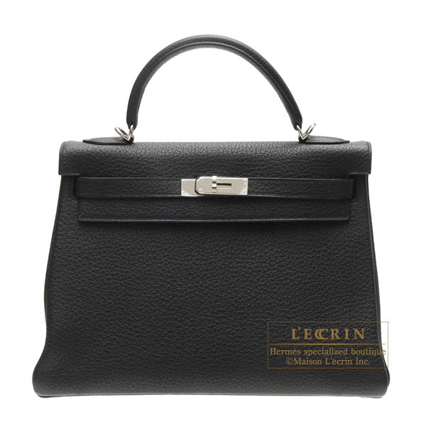 Hermes　Kelly bag 32　Retourne　Black　Clemence leather　Silver hardware
