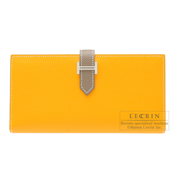 Hermes　Bearn bi-fold wallet　Bi-color　 Jaune d'or/Etoupe grey　Epsom leather　Silver hardware