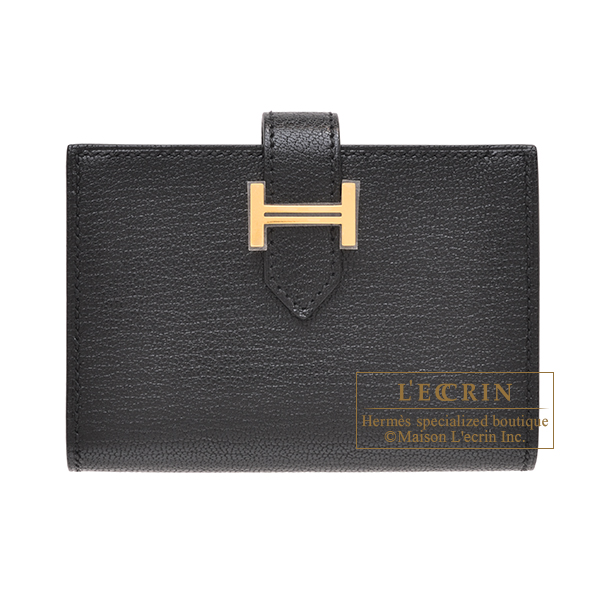 Hermes　Bearn card case　Black　Chevre chamkila goatskin　Gold hardware