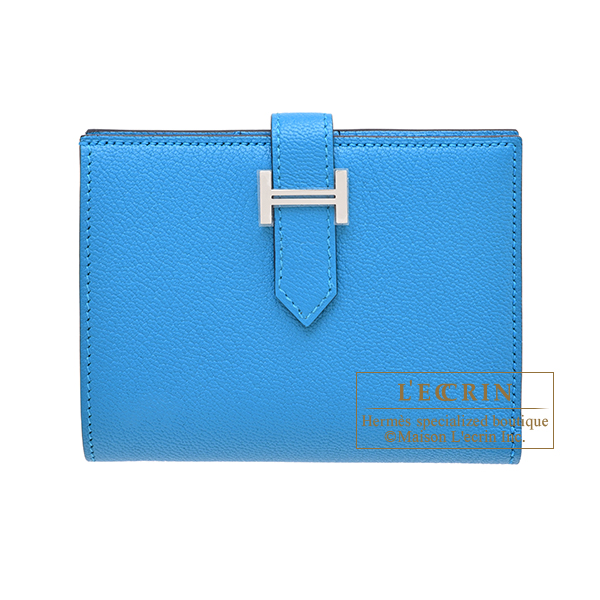 Hermes Bearn compact wallet Blue zanzibar Chevre myzore goatskin Silver hardware