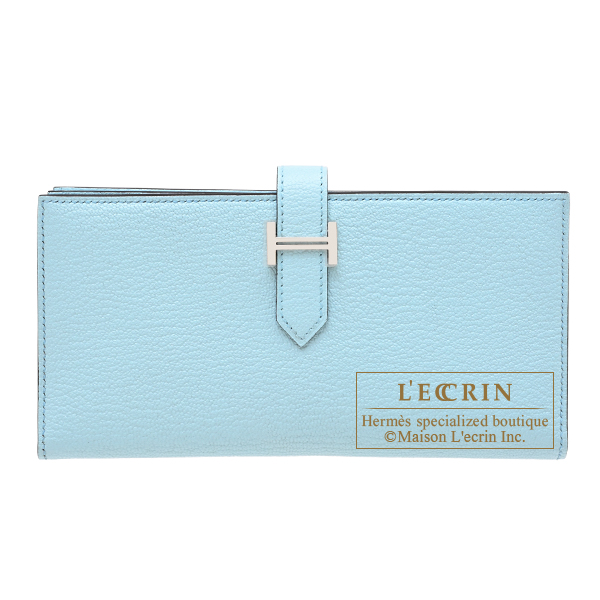 Hermes Bearn Soufflet Blue zephyr Chevre myzore goatskin Silver hardware