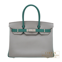 Hermes　Personal Birkin bag 30　Gris mouette/　Malachite　Epsom leather　Silver hardware