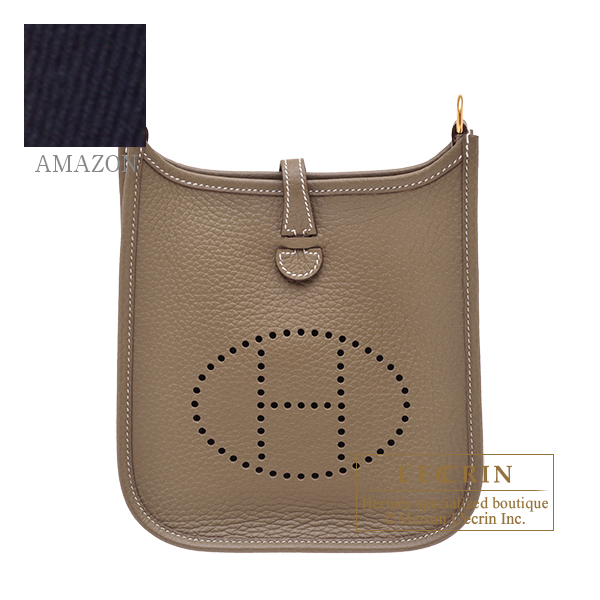 Hermes　Evelyne Amazon bag TPM　Etoupe grey/　Blue indigo　Clemence leather　Gold hardware　Bandouliere 85cm