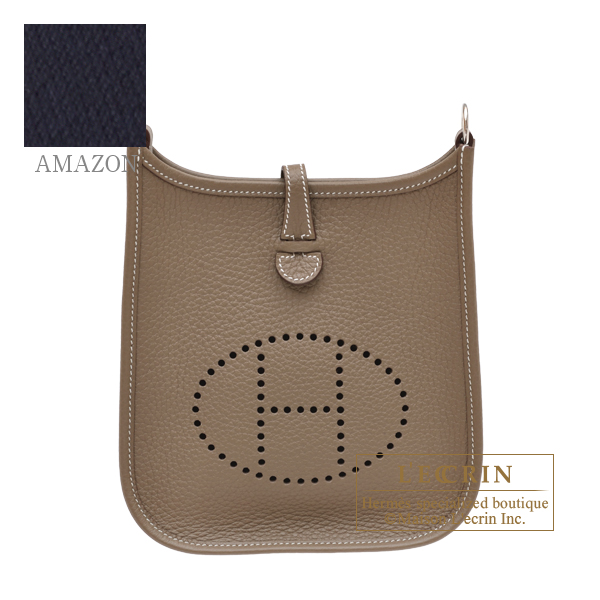 Hermes　Evelyne Amazon bag TPM　Etoupe grey/　Blue indigo　Clemence leather　Silver hardware　Bandouliere 85cm