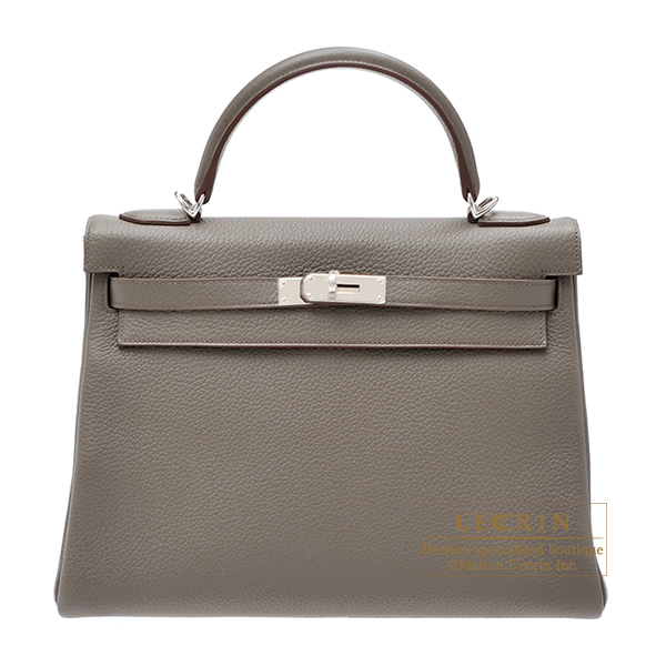 Hermes　Kelly bag 32　Retourne　Etain　Clemence leather　Silver hardware