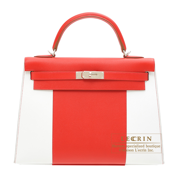 Hermes　Kelly Flag bag 32　Sellier　Rouge casaque/White　Epsom leather　Silver hardware