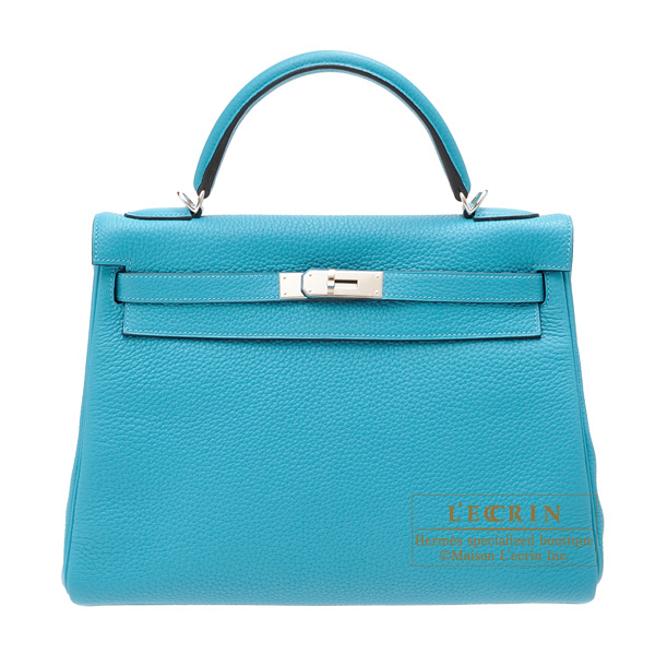 Hermes　Kelly bag 32　Retourne　Turquoise blue　Togo leather　Silver hardware