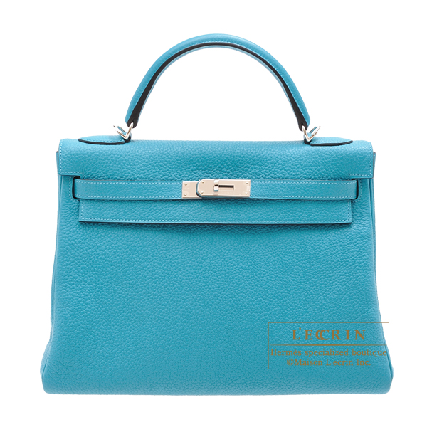 Hermes　Kelly bag 32　Retourne　Turquoise blue　Clemence leather　Silver hardware