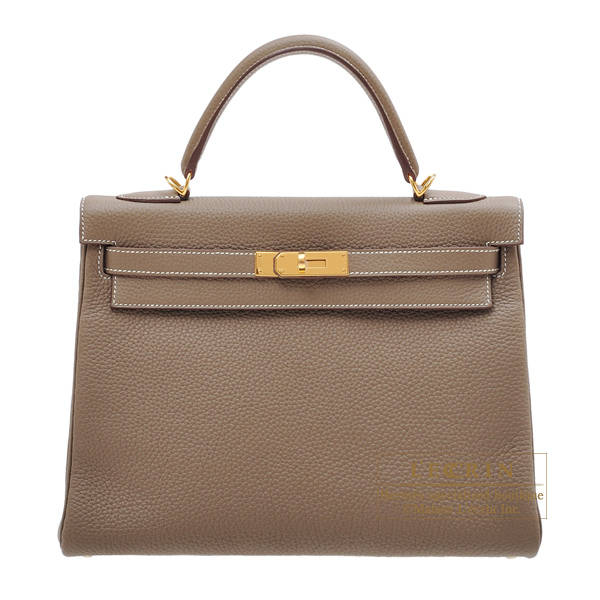 Hermes　Kelly bag 32　Retourne　Etoupe grey　Clemence leather　Gold hardware