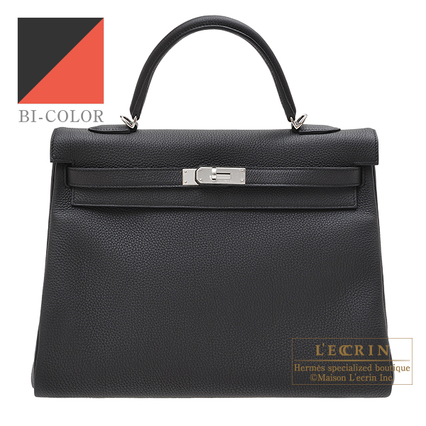 Hermes Personal Kelly bag 35 Retourne Black/Capucine Togo leather Silver  hardware