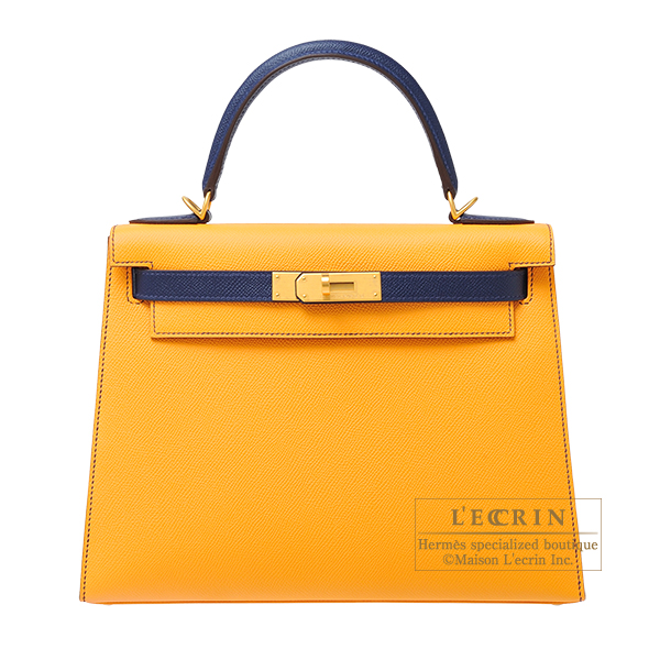 Hermes　Personal Kelly bag 28　Sellier　Jaune d'or/　Blue saphir　Epsom leather　Matt gold hardware