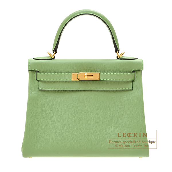 Hermes　Kelly bag 28　Retourne　Vert criquet　Evercolor leather　Gold hardware