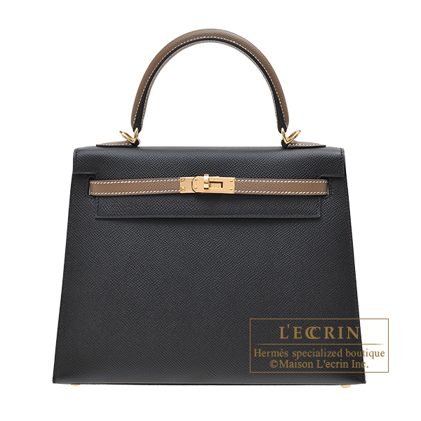Hermes　Personal Kelly bag 25　Sellier　Black/　Etoupe grey　Epsom leather　Champagne gold hardware