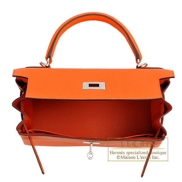 Hermes Kelly bag 28 Retourne Orange Clemence leather Silver hardware