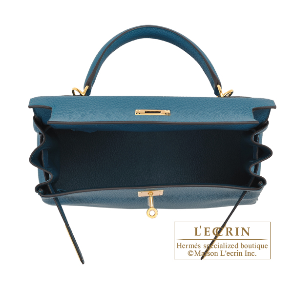 Hermes Kelly bag 28 Retourne Blue pale Clemence leather Gold