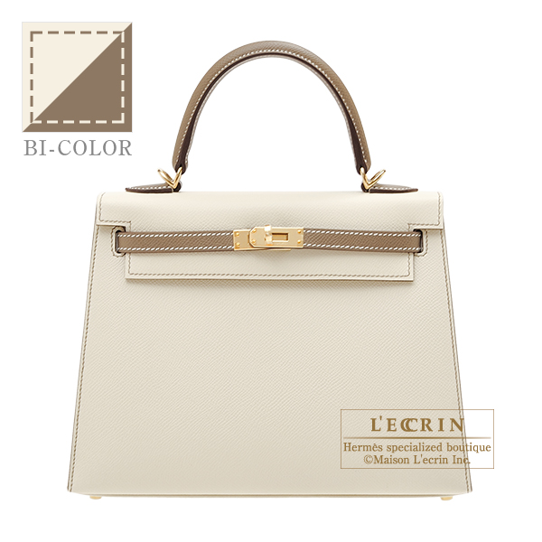Hermes　Personal Kelly bag 25　Sellier　Craie/　Etoupe grey　Epsom leather　Champagne gold hardware