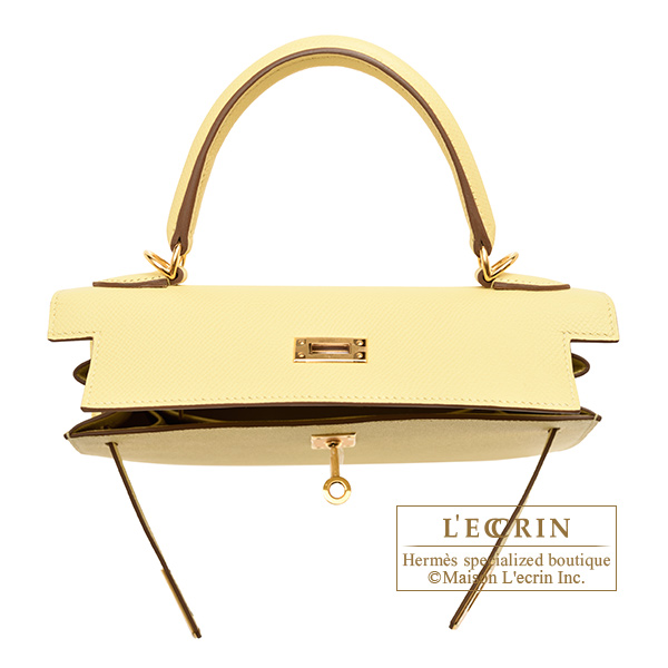 A JAUNE POUSSIN EPSOM LEATHER SELLIER KELLY 25 WITH GOLD HARDWARE
