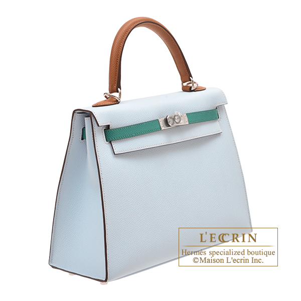Hermes Kelly Tricolore bag 25 Sellier Blue brume/Vert Jade/Gold Epsom  leather Silver hardware