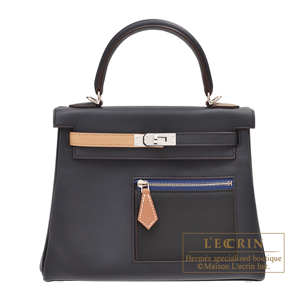 Hermes　Kelly Colormatic bag 25　Retourne　Blue/Black/Chai/Etoupe grey/Gold　Swift leather　Silver hardware