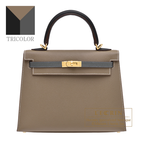 Hermes　Kelly Tricolore bag 25　Sellier　Etoupe grey/Ardoise/Black　Epsom leather　Gold hardware