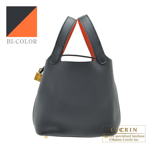 Hermes　Picotin Lock　Eclat bag 18/PM　Blue indigo/　Orange poppy　Clemence leather/　Swift leather　Gold hardware