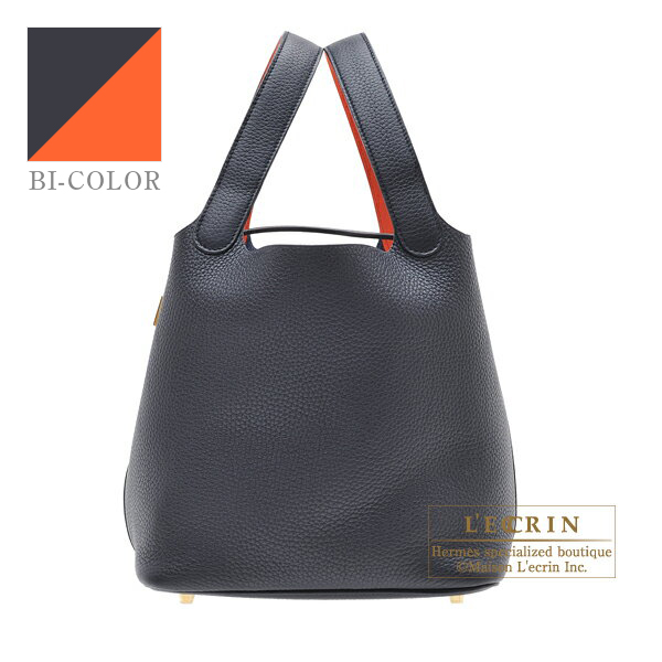 Hermes　Picotin Lock　Eclat bag 22/MM　Blue indigo/　Orange poppy　Clemence leather/　Swift leather　Gold hardware