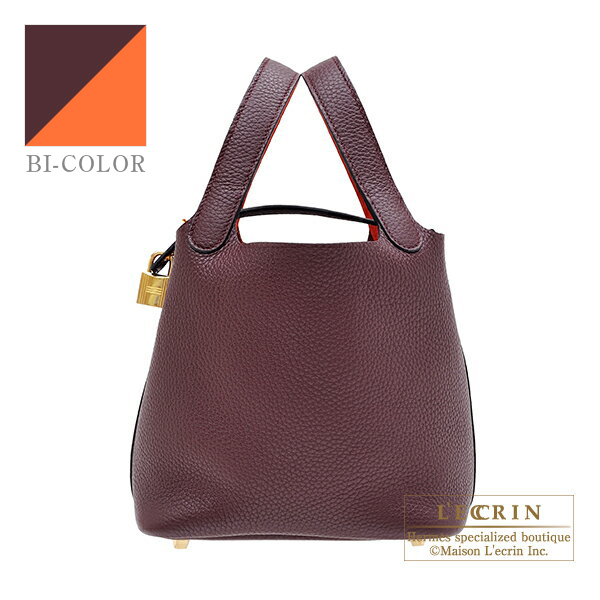 Hermes　Picotin Lock　Eclat bag 18/PM　Prune/　Orange poppy　Clemence leather/　Swift leather　Gold hardware