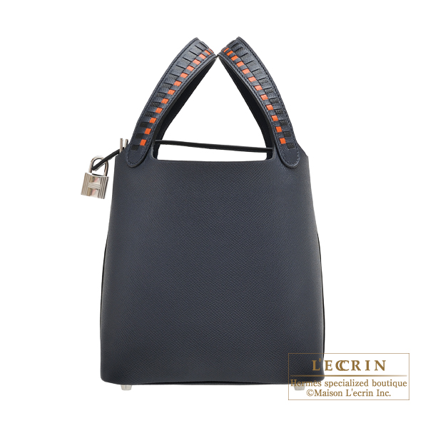 Hermes　Picotin Lock　Tressage De Cuir bag 18/PM　Blue indigo/Black/　Terre battue　Epsom leather　Silver hardware