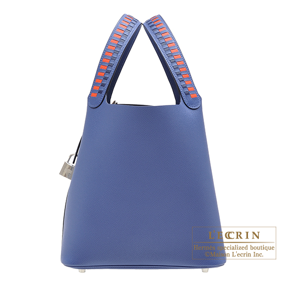 Hermes　Picotin Lock　Tressage De Cuir bag 22/MM　Blue brighton/　Capucine/Blue saphir　Epsom leather　Silver hardware