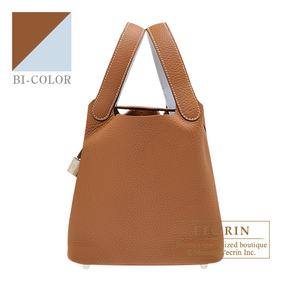Hermes　Picotin Lock　Eclat bag 18/PM　Gold/　Blue brume　Clemence leather/　Swift leather　Silver hardware