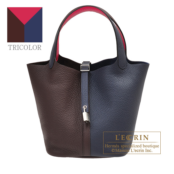 Hermes　Picotin Lock casaque 2 bag 22/MM　Blue nuit/　Rouge sellier/　Framboise　Clemence leather　Silver hardware