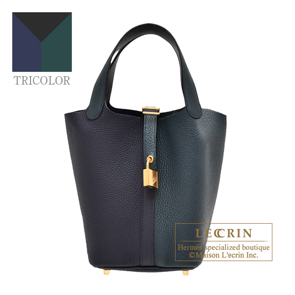 Hermes　Picotin Lock casaque 2 bag 18/PM　Vert cypres/　Blue nuit/　Black　Clemence leather　Gold hardware