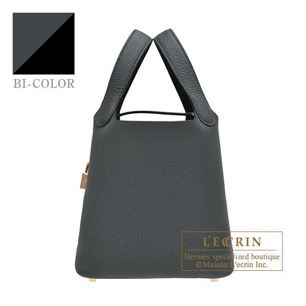 Hermes　Picotin Lock　Eclat bag 18/PM　Gris misty/　Black　Clemence leather/　Swift leather　Champagne gold hardware