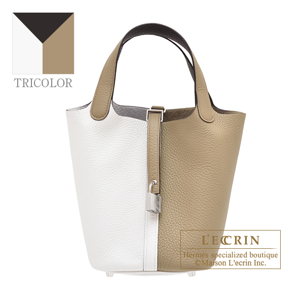 Hermes　Picotin Lock casaque 2 bag 18/PM　Beige marfa/New white/Macassar　Clemence leather　Silver hardware